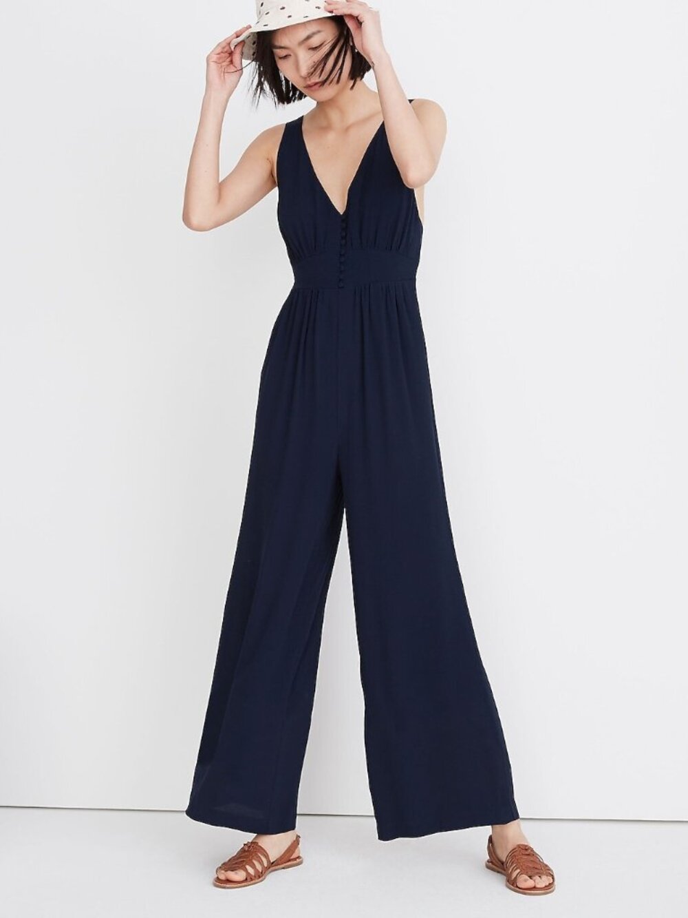 MADEWELL Navy Blue Black V Neck Wide Leg Tank Jumpsuit SZ 4 Button Front Chic
